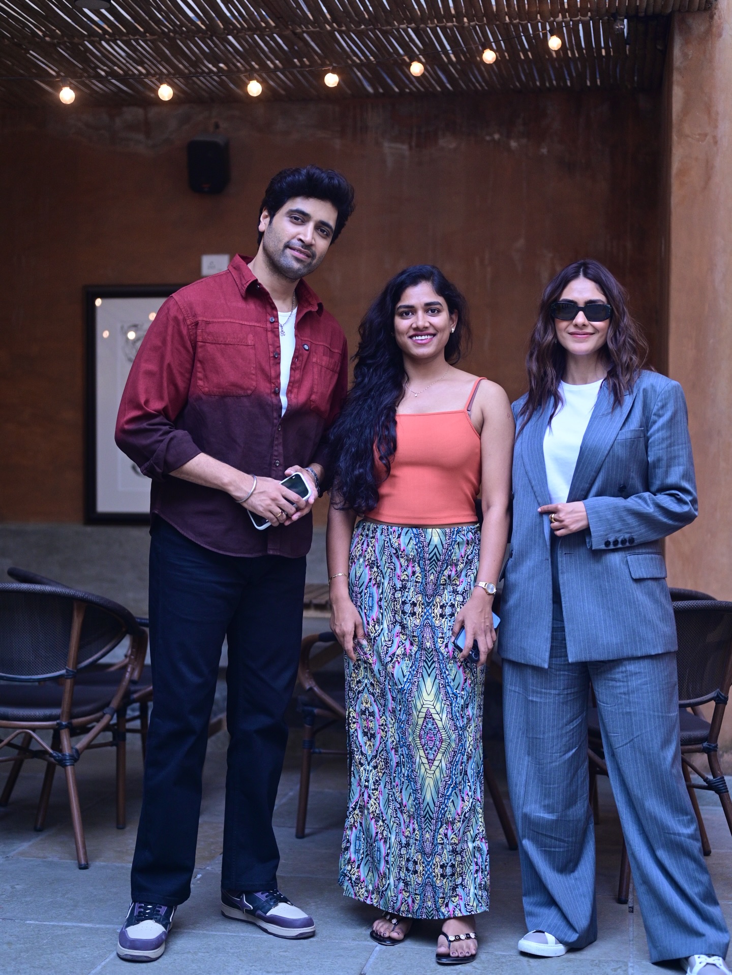 Sai Prasanna with Adivi Sesh and Mrunal Thakur at Dacoit promotions